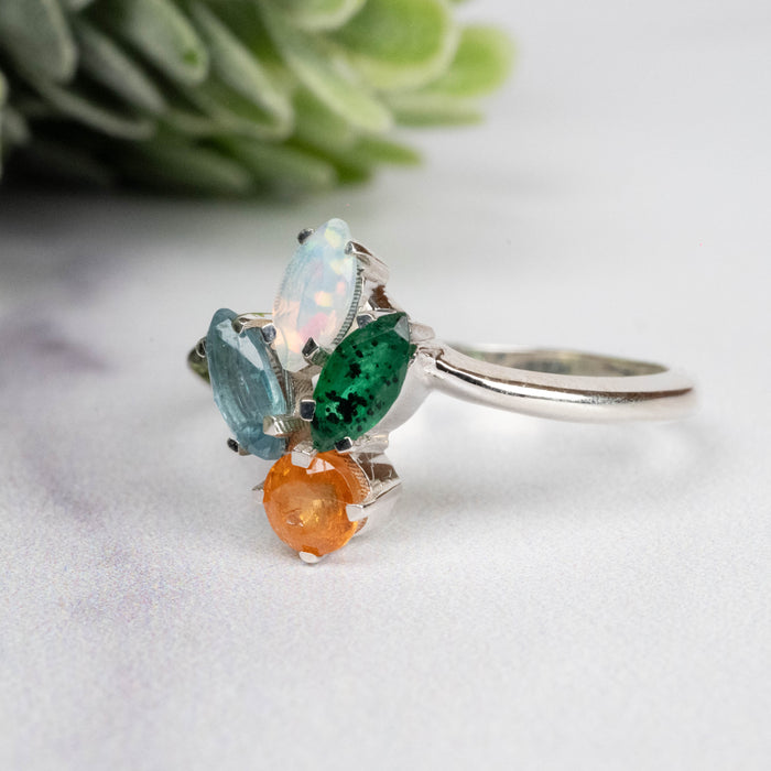 Spessartine Garnet + Kyanite + Opal + Emerald Ring 3-6mm Size 8
