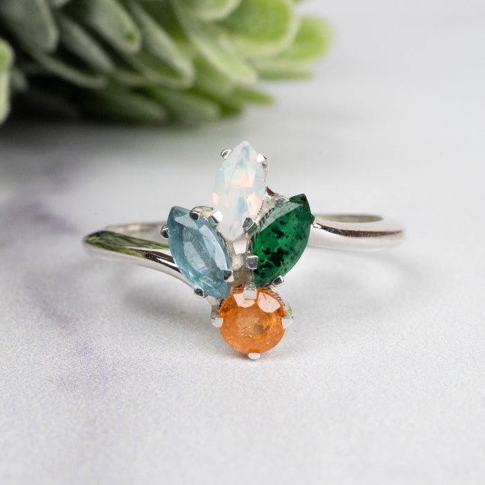 Spessartine Garnet + Kyanite + Opal + Emerald Ring 3-6mm Size 8