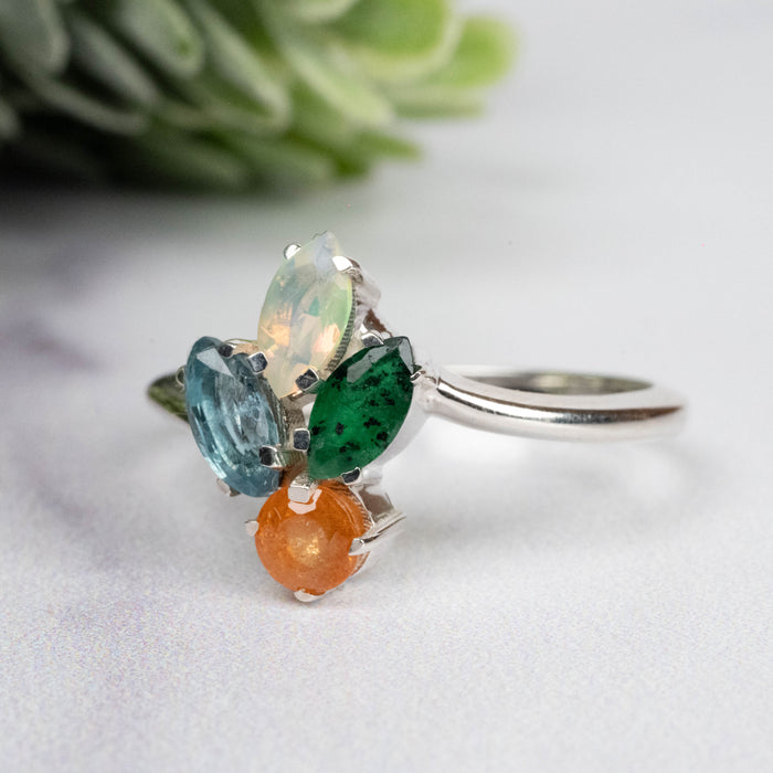 Spessartine Garnet + Kyanite + Opal + Emerald Ring 3-6mm Size 8