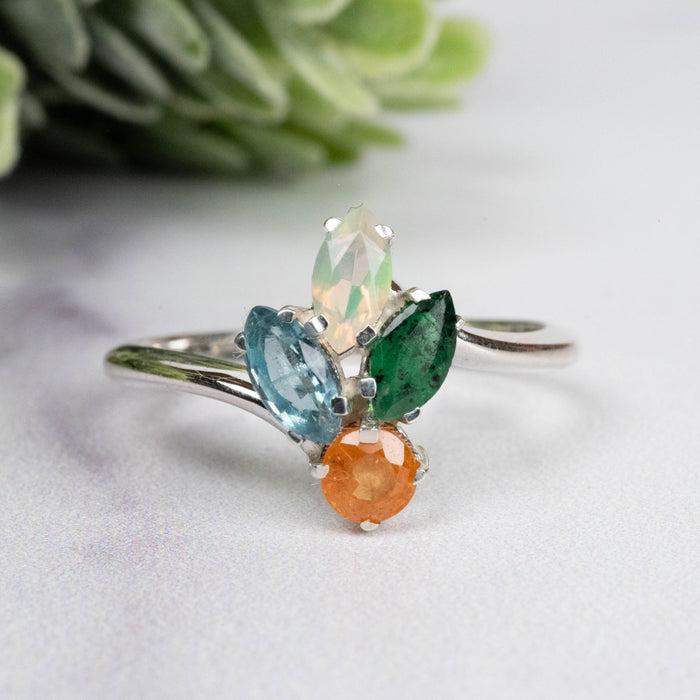 Spessartine Garnet + Kyanite + Opal + Emerald Ring 3-6mm Size 8
