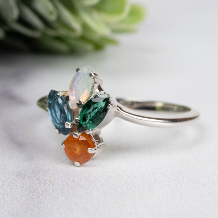 Spessartine Garnet + Kyanite + Opal + Emerald Ring 3-6mm Size 9
