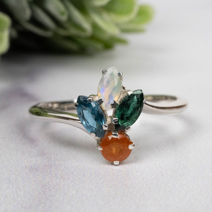 Spessartine Garnet + Kyanite + Opal + Emerald Ring 3-6mm Size 9