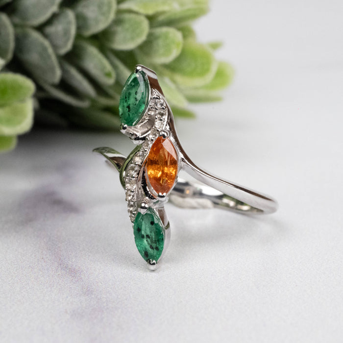 Emerald + Spessartine Garnet Ring 6x3mm Size 7