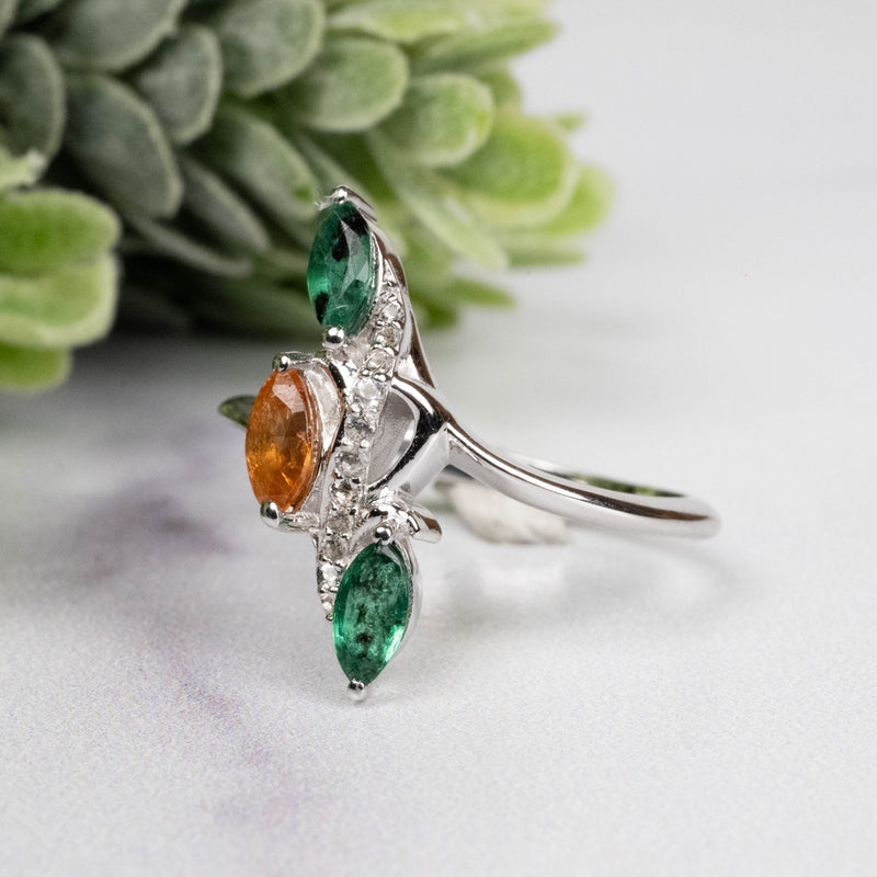 Emerald + Spessartine Garnet Ring 6x3mm Size 8 - InnerVision Crystals