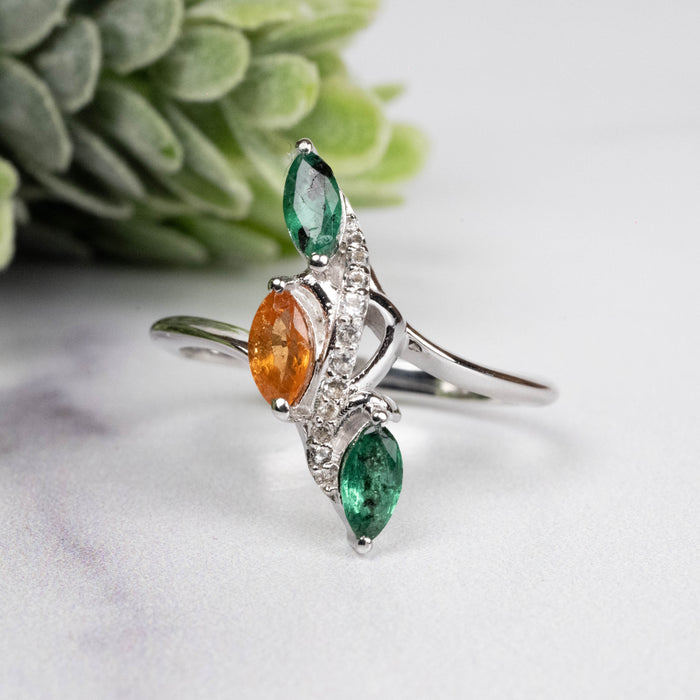 Emerald + Spessartine Garnet Ring 6x3mm Size 8