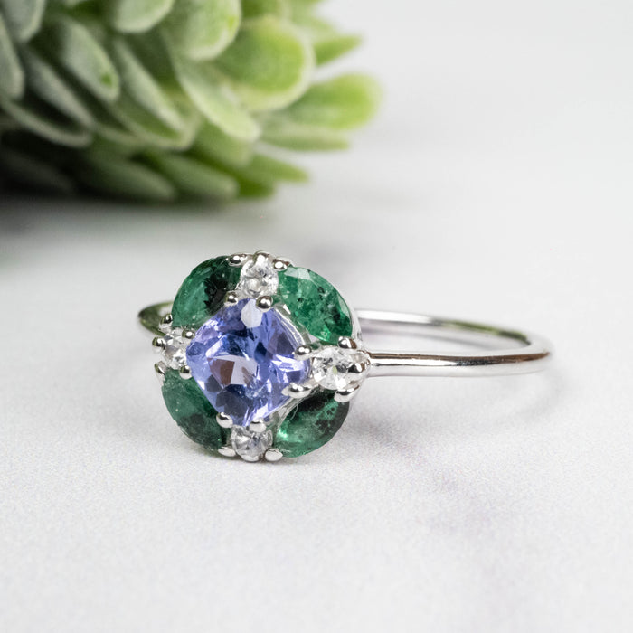 Tanzanite + Emerald + White Topaz Ring 2-5.5mm Size 10