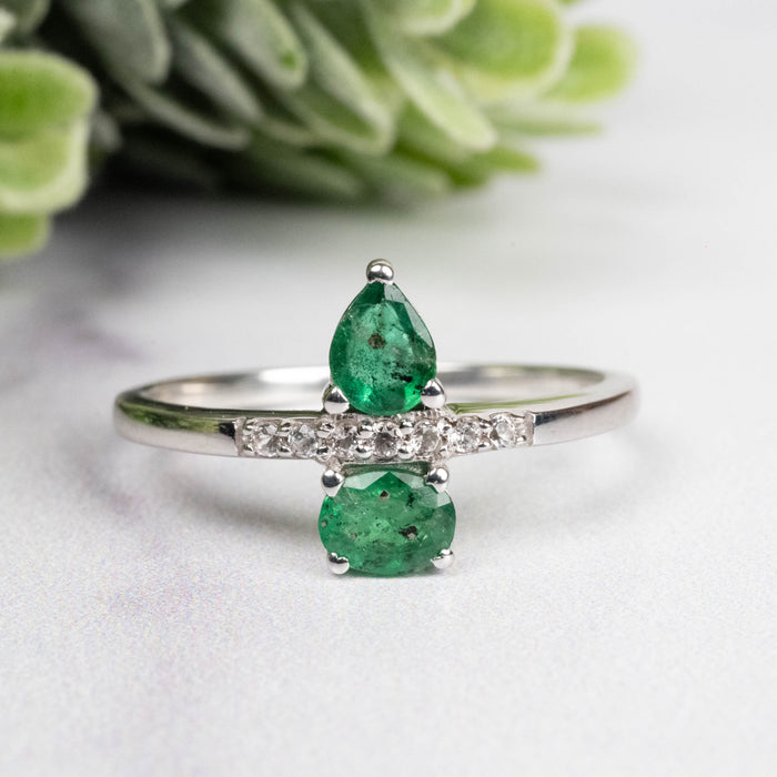 Emerald + White Topaz Ring 4-5mm Size 8