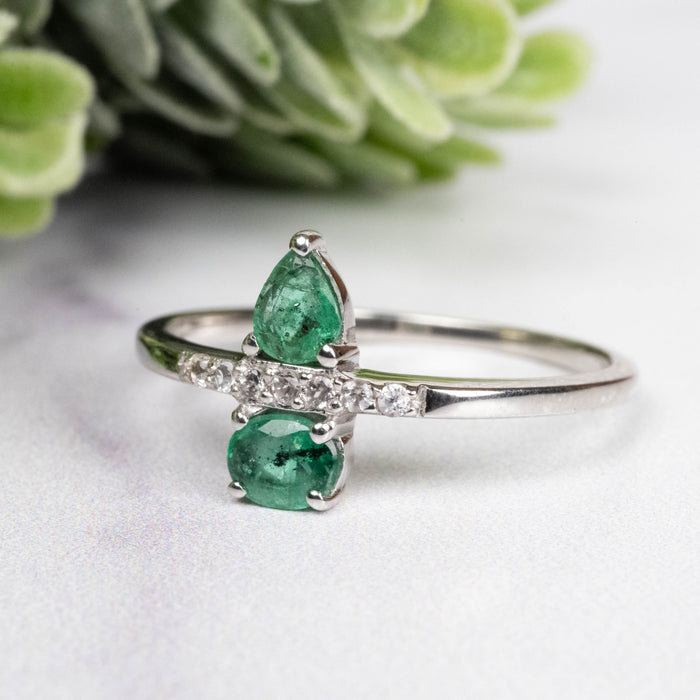 Emerald + White Topaz Ring 4-5mm Size 10
