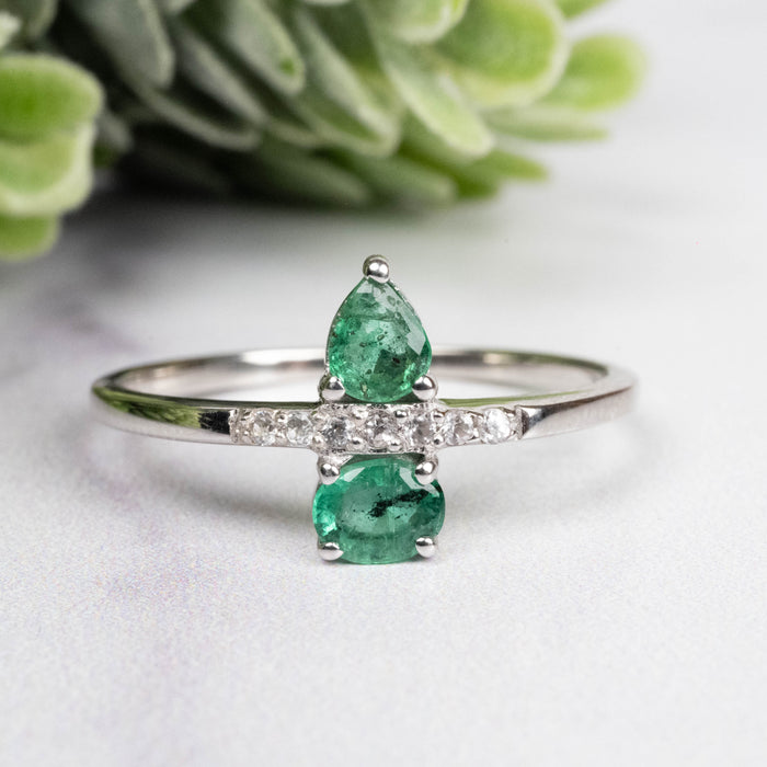 Emerald + White Topaz Ring 4-5mm Size 10