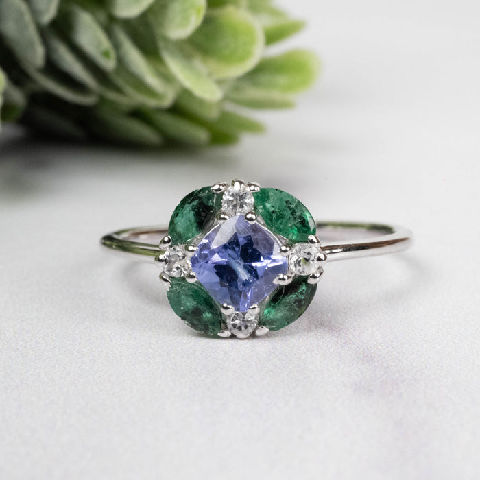 Tanzanite + Emerald + White Topaz Ring 2-5.5mm Size 10
