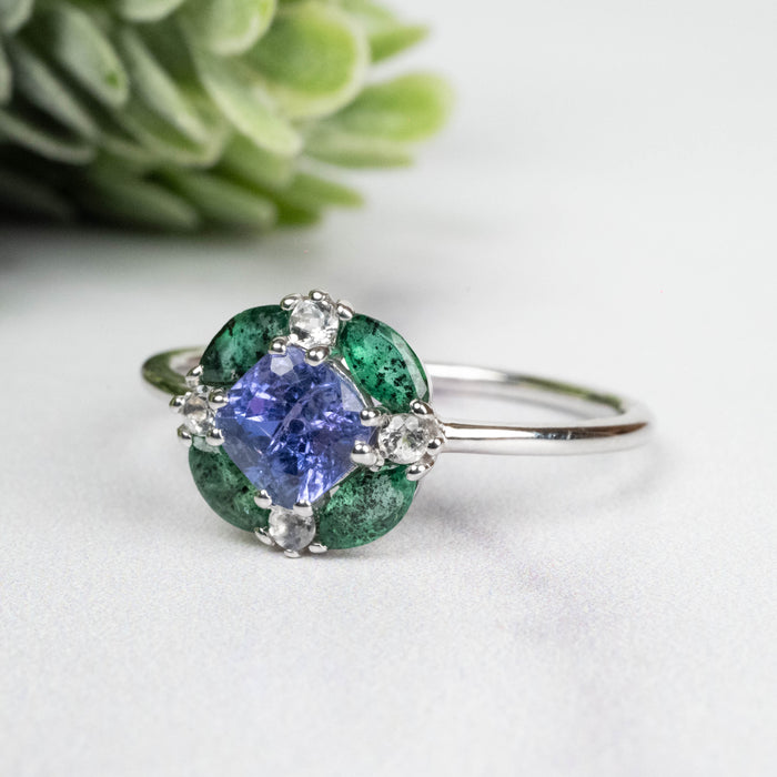 Tanzanite + Emerald + White Topaz Ring 2-5.5mm Size 10