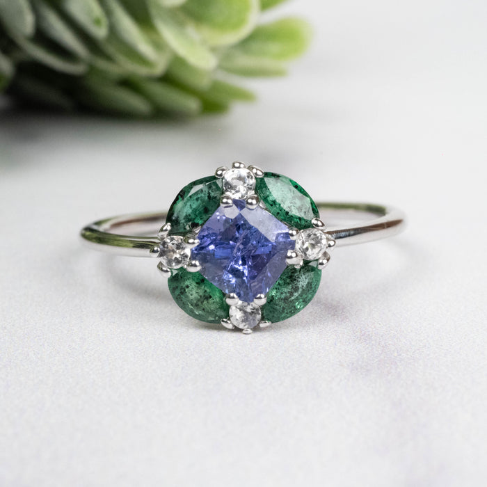 Tanzanite + Emerald + White Topaz Ring 2-5.5mm Size 10