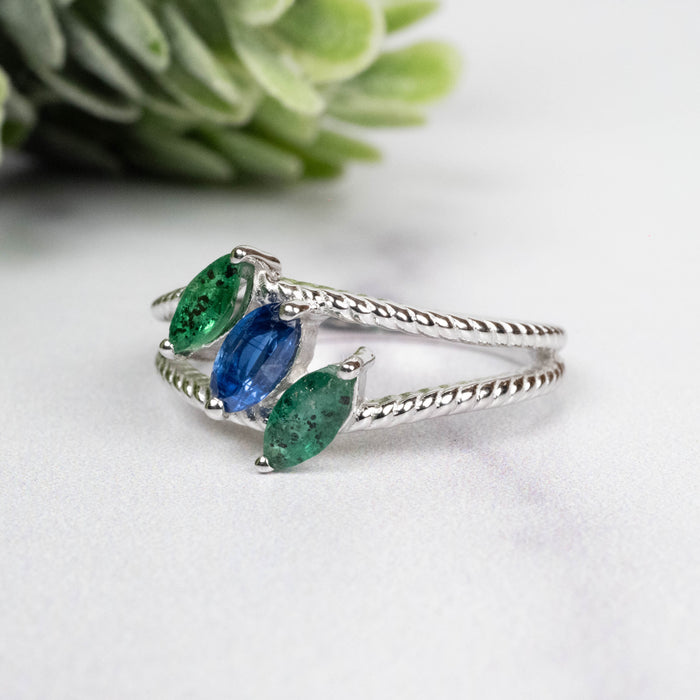 Emerald + Kyanite Ring 6x3mm Size 7