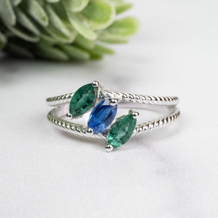 Emerald + Kyanite Ring 6x3mm Size 8