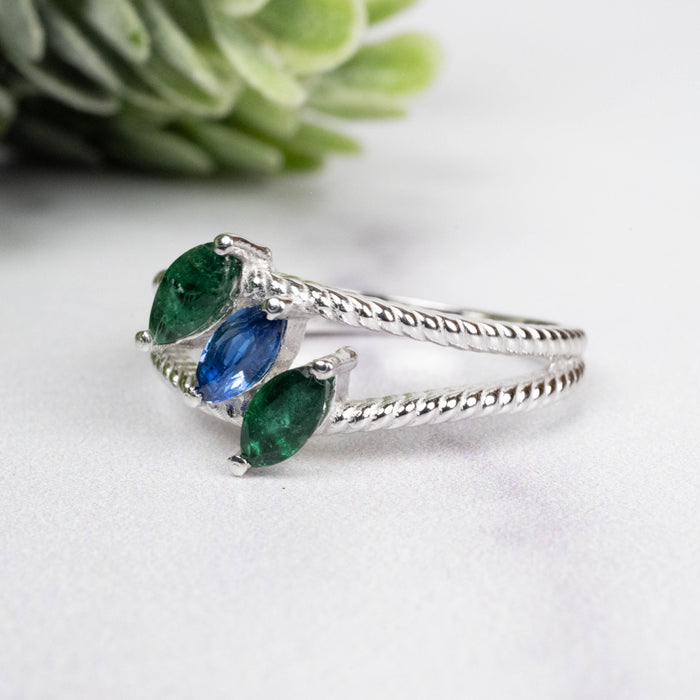 Emerald + Kyanite Ring 6x3mm Size 8