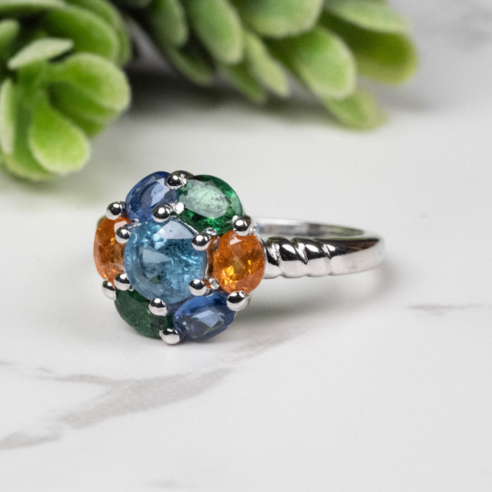 Emerald + Kyanite + Spessartine Garnet Ring 4mm-5mm Size 5