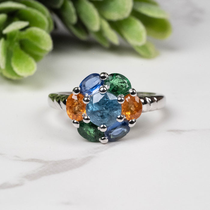 Emerald + Kyanite + Spessartine Garnet Ring 4mm-5mm Size 5