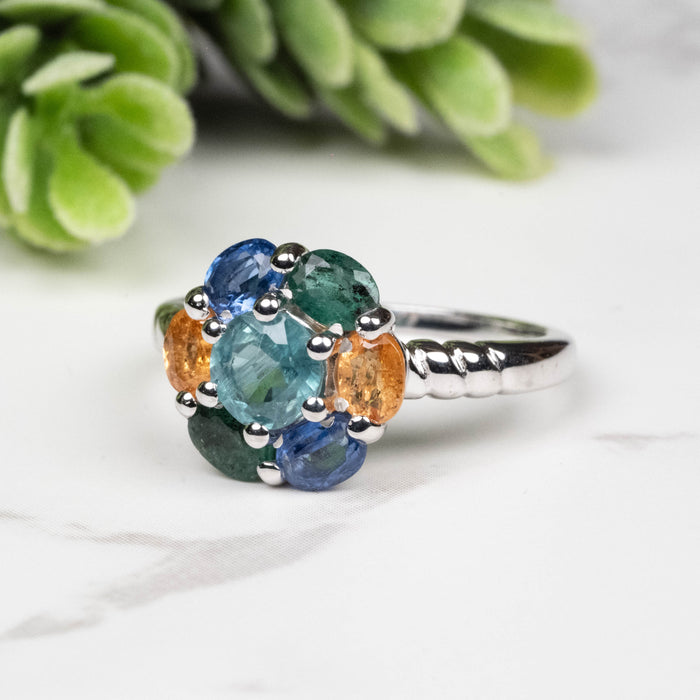 Emerald + Kyanite + Spessartine Garnet Ring 4mm-5mm Size 6