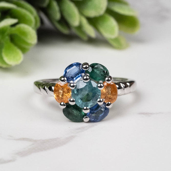 Emerald + Kyanite + Spessartine Garnet Ring 4mm-5mm Size 6