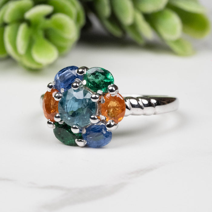 Emerald + Kyanite + Spessartine Garnet Ring 4mm-5mm Size 6