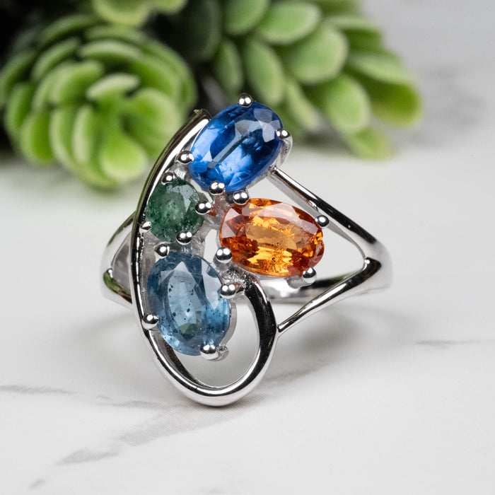 Emerald + Kyanite + Spessartine Garnet Ring 4mm-7mm Size 7