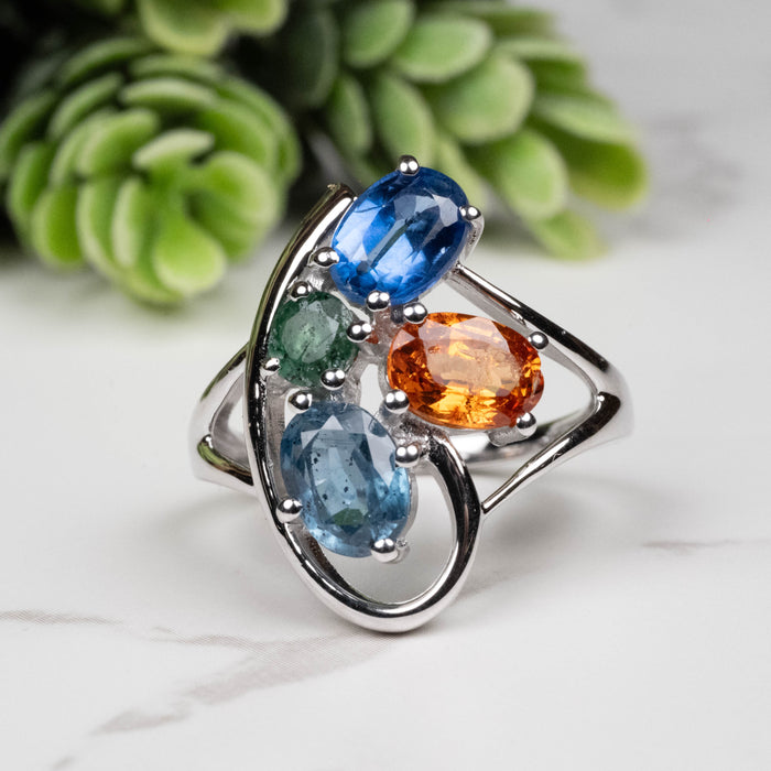 Emerald + Kyanite + Spessartine Garnet Ring 4mm-7mm Size 7