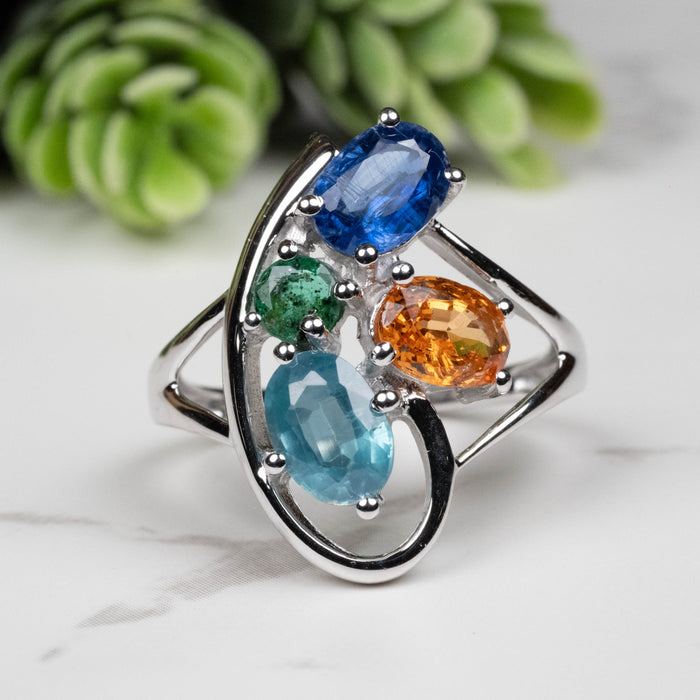 Emerald + Kyanite + Spessartine Garnet Ring 4mm-7mm Size 8