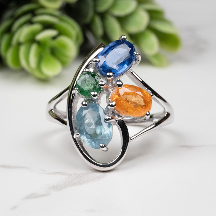 Emerald + Kyanite + Spessartine Garnet Ring 4mm-7mm Size 8