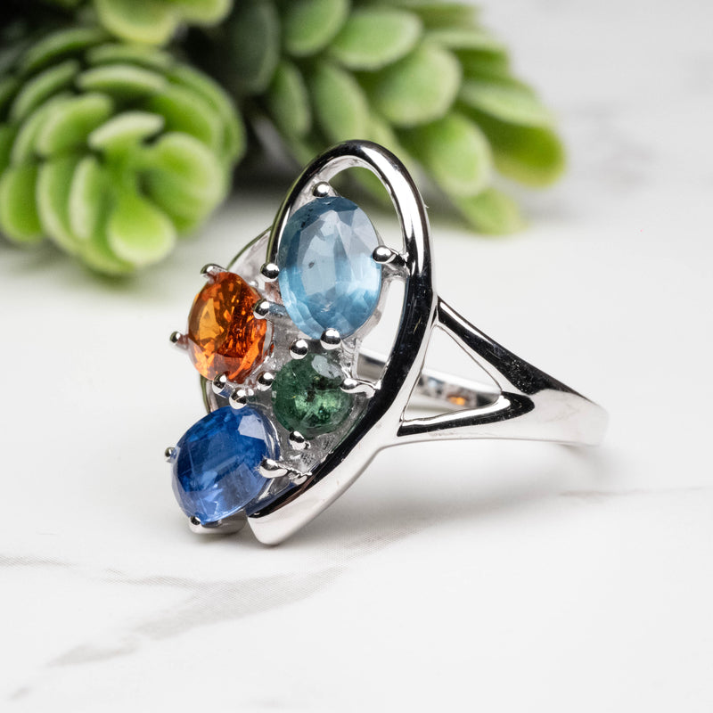 Emerald + Kyanite + Spessartine Garnet Ring 4mm-7mm Size 8 - InnerVision Crystals