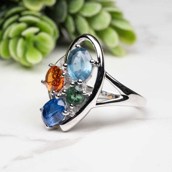 Emerald + Kyanite + Spessartine Garnet Ring 4mm-7mm Size 8