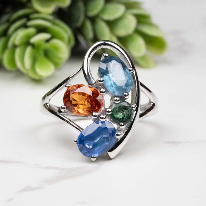 Emerald + Kyanite + Spessartine Garnet Ring 4mm-7mm Size 8