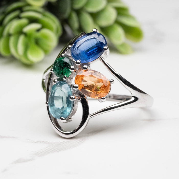Emerald + Kyanite + Spessartine Garnet Ring 4mm-7mm Size 10