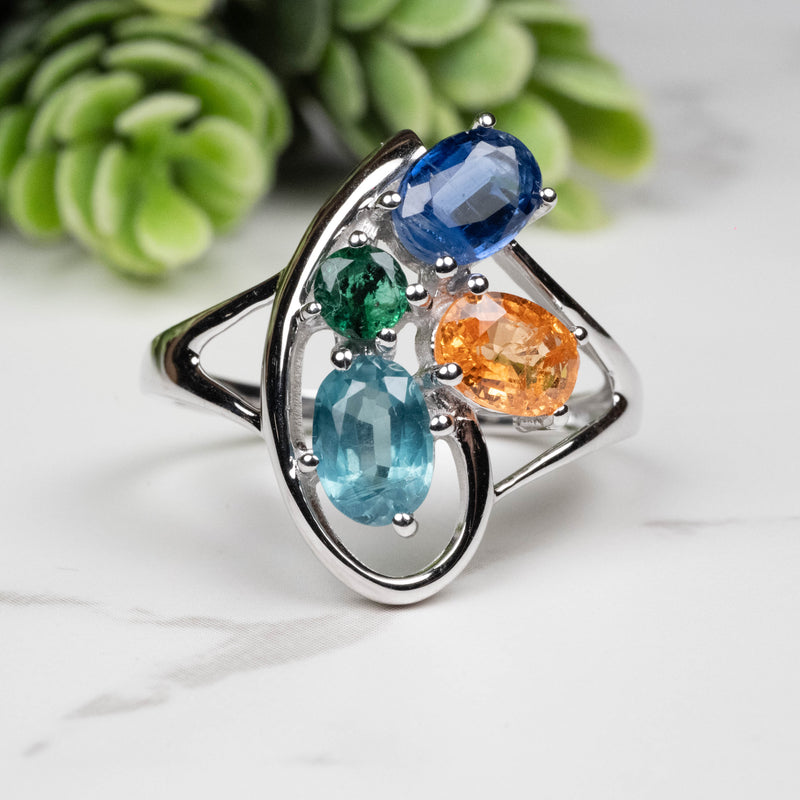 Emerald + Kyanite + Spessartine Garnet Ring 4mm-7mm Size 10 - InnerVision Crystals
