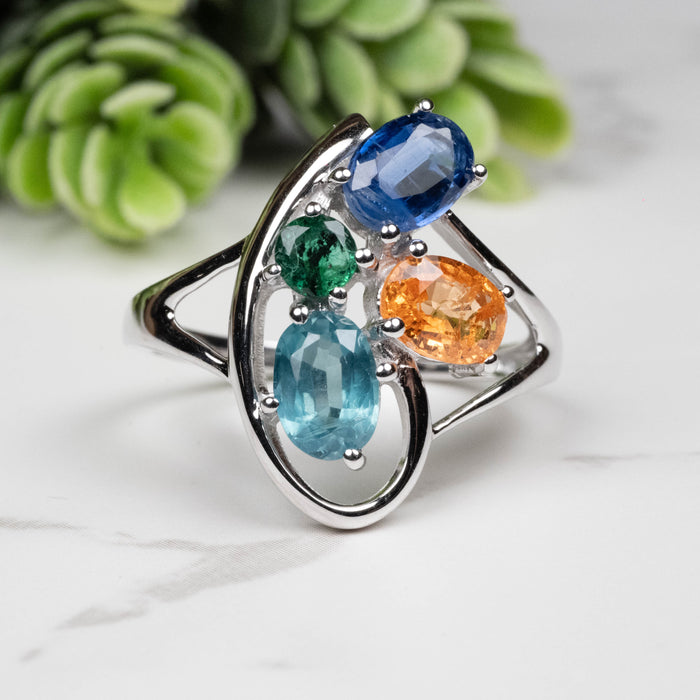Emerald + Kyanite + Spessartine Garnet Ring 4mm-7mm Size 10