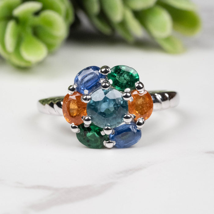 Emerald + Kyanite + Spessartine Garnet Ring 4mm-5mm Size 6