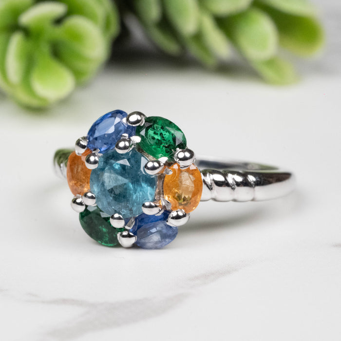 Emerald + Kyanite + Spessartine Garnet Ring 4mm-5mm Size 7