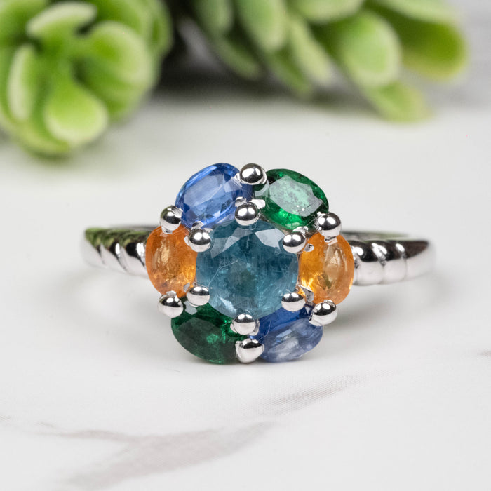 Emerald + Kyanite + Spessartine Garnet Ring 4mm-5mm Size 7