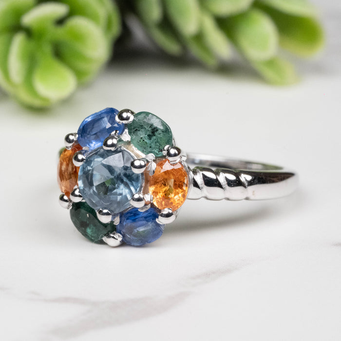 Emerald + Kyanite + Spessartine Garnet Ring 4mm-5mm Size 7