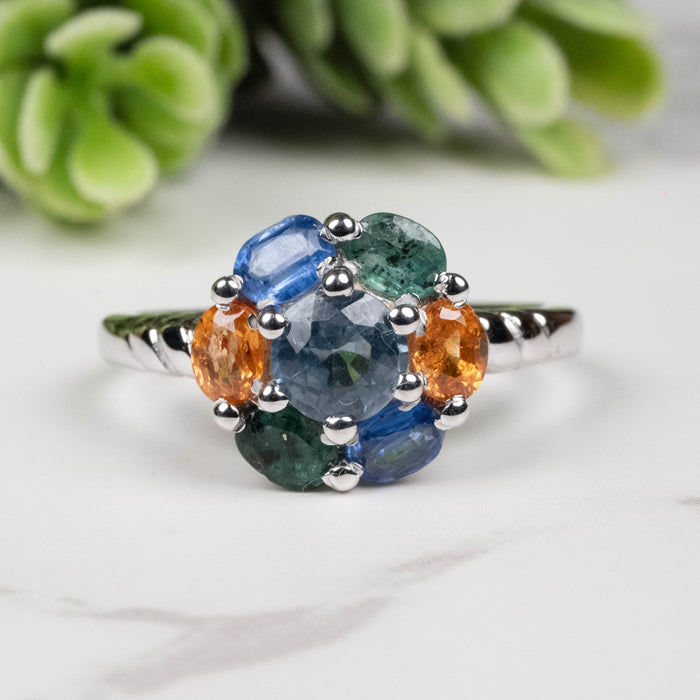 Emerald + Kyanite + Spessartine Garnet Ring 4mm-5mm Size 7
