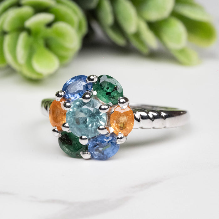 Emerald + Kyanite + Spessartine Garnet Ring 4mm-5mm Size 7
