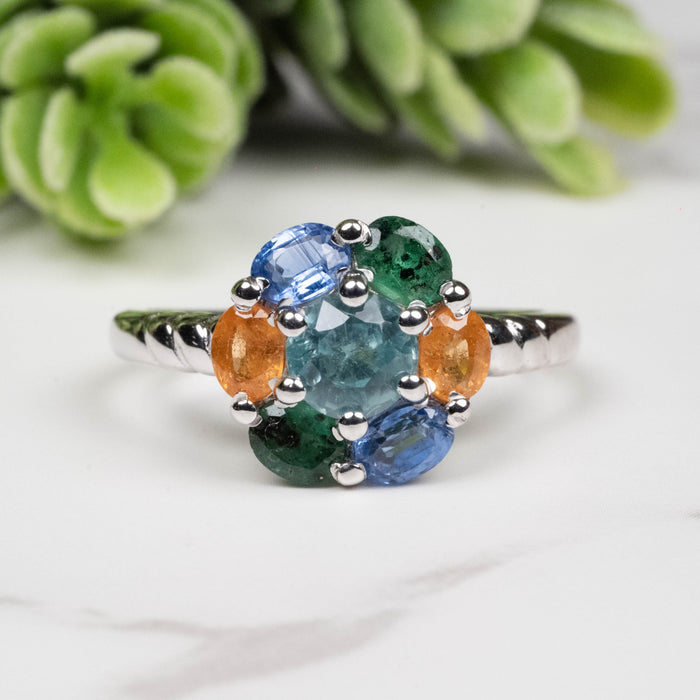Emerald + Kyanite + Spessartine Garnet Ring 4mm-5mm Size 7