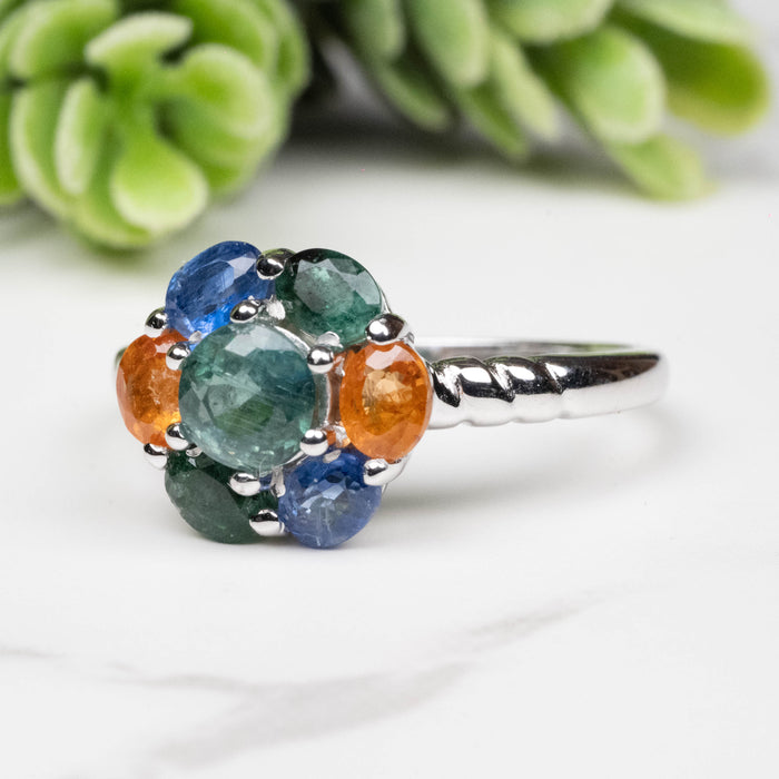 Emerald + Kyanite + Spessartine Garnet Ring 4mm-5mm Size 8