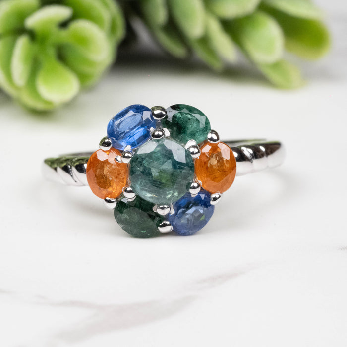 Emerald + Kyanite + Spessartine Garnet Ring 4mm-5mm Size 8