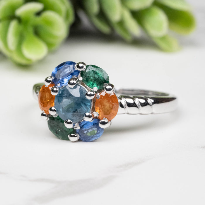Emerald + Kyanite + Spessartine Garnet Ring 4mm-5mm Size 8