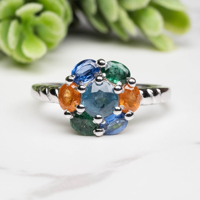 Emerald + Kyanite + Spessartine Garnet Ring 4mm-5mm Size 8