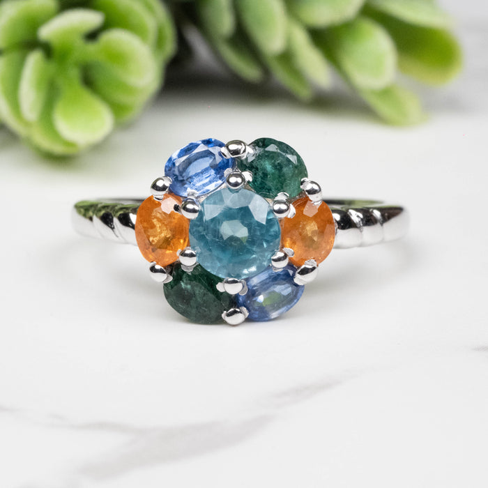 Emerald + Kyanite + Spessartine Garnet Ring 4mm-5mm Size 8