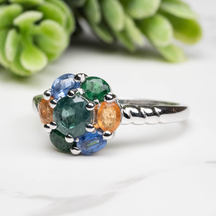 Emerald + Kyanite + Spessartine Garnet Ring 4mm-5mm Size 9