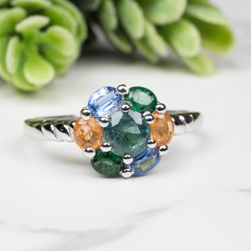 Emerald + Kyanite + Spessartine Garnet Ring 4mm-5mm Size 9 - InnerVision Crystals