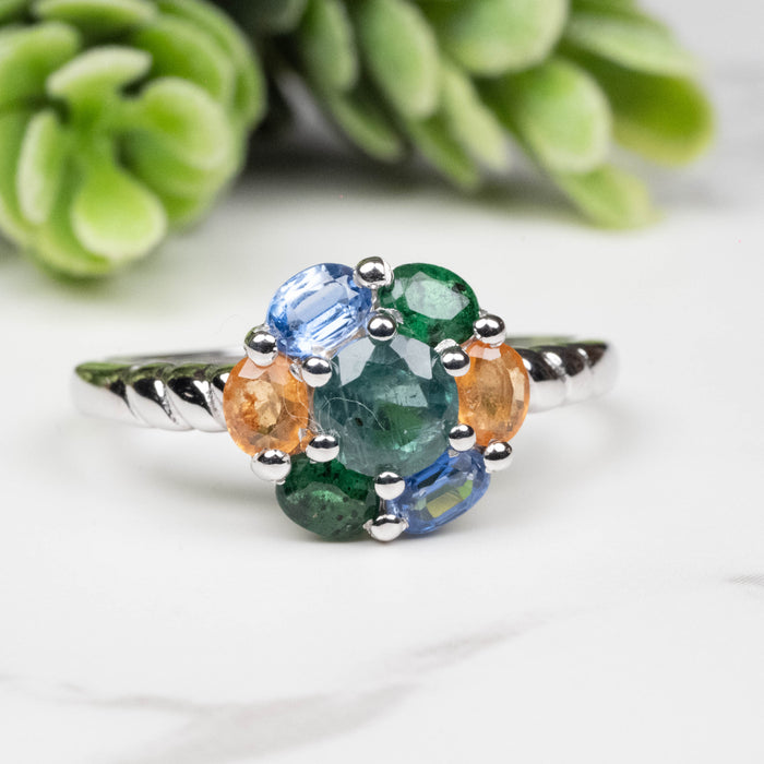 Emerald + Kyanite + Spessartine Garnet Ring 4mm-5mm Size 9