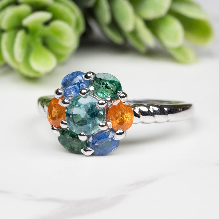 Emerald + Kyanite + Spessartine Garnet Ring 4mm-5mm Size 9